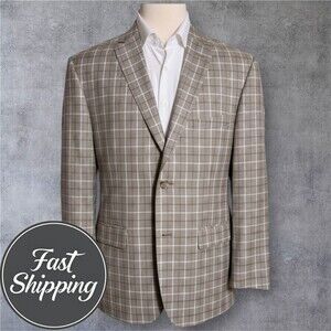 J.W. Nordstrom Mens Blazer Sport Coat 2 Button Jacket 46R Beige Wool/Slik/Linen